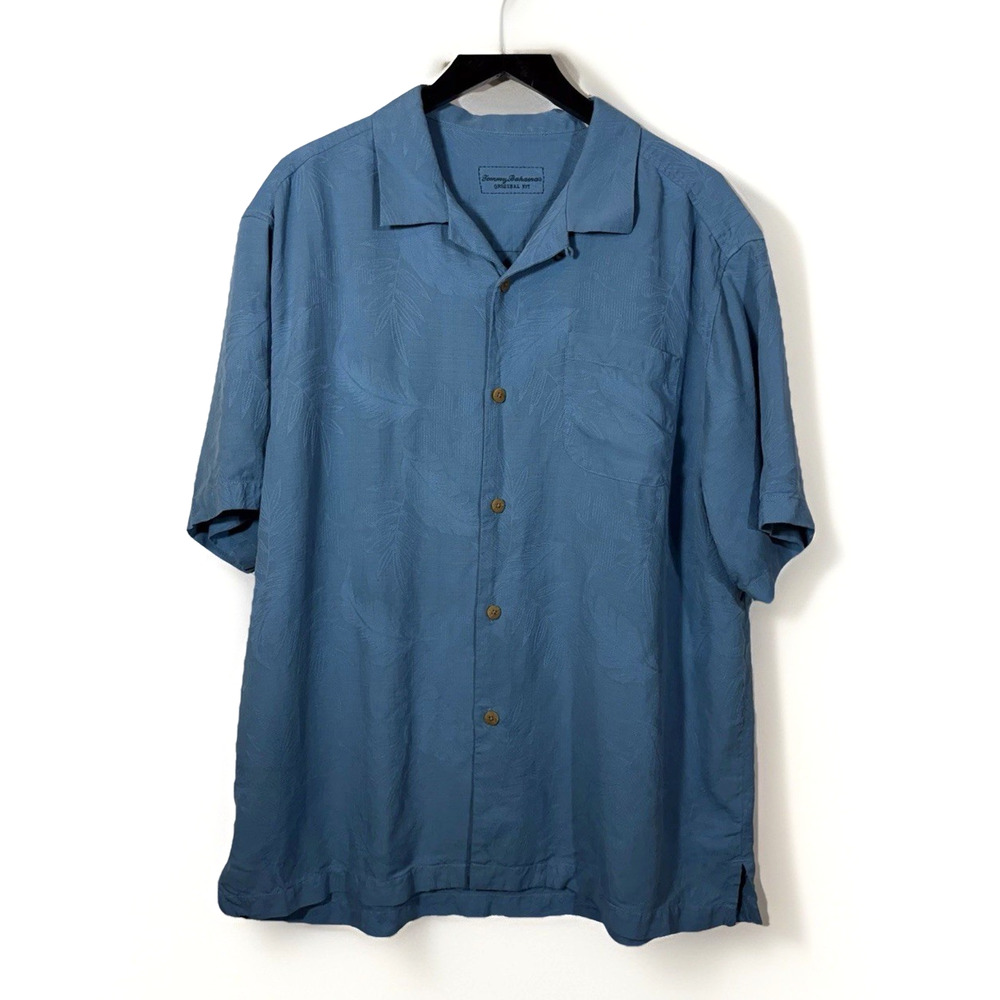 Shirt Silk Powder Blue Button Down Tommy Bahama Men XL Palm Leave Pattern Camp
